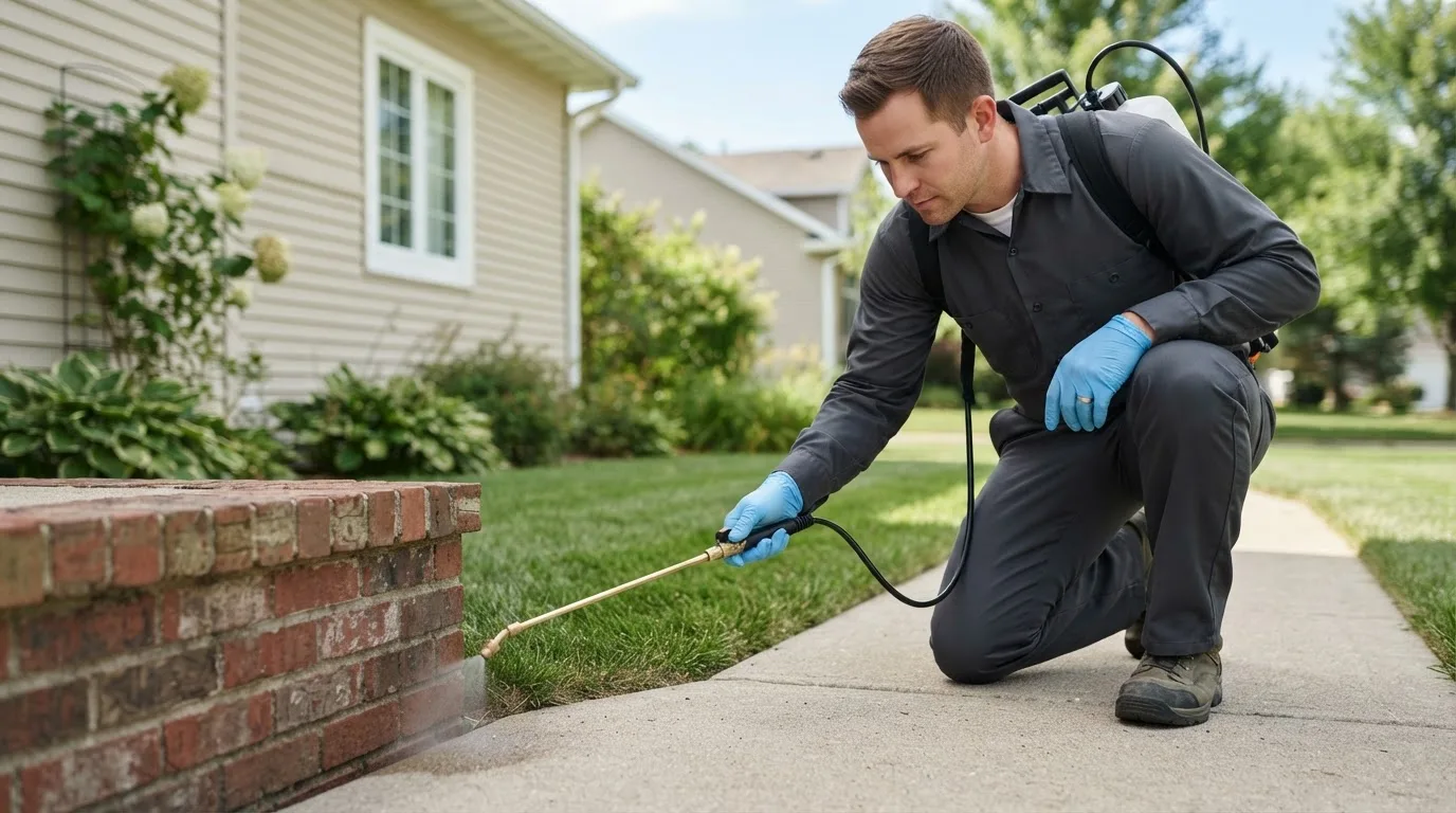 Pest control technician treating a home near Albion, IA