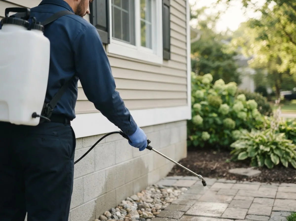 Pest control technician inspecting a home in Albion, IA